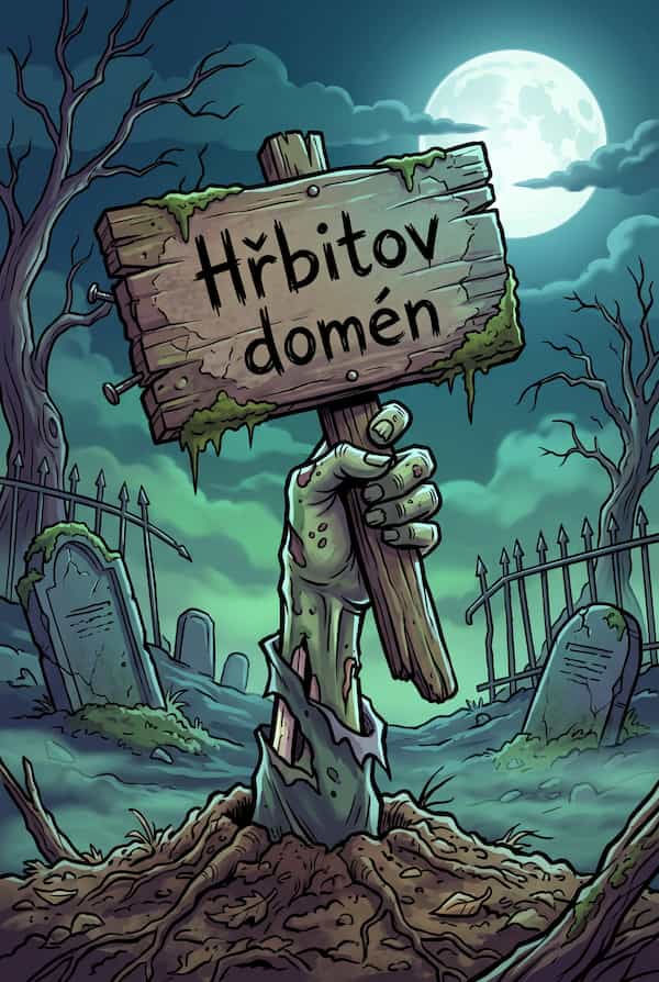 Halloweenský hřbitov s náhrobky nesoucími názvy domén