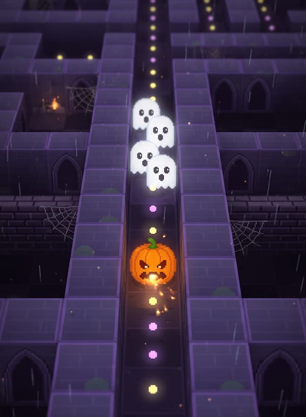Halloweenský Pampuch jako dýně v temném bludišti, za ním čtyři duchové