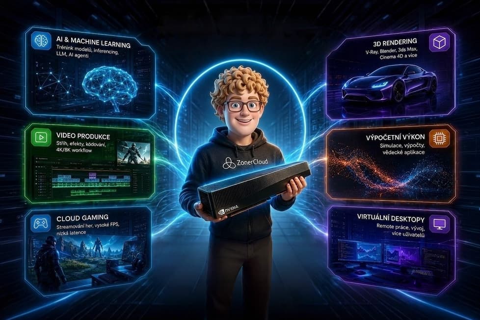 GPU server ZonerCloud v roli pracovní stanice pro 3D grafiku, střih videa, AI a cloud gaming