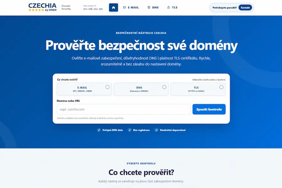 Kontrola domény: bezplatný nástroj CZECHIA.COM na SPF, DKIM, DMARC, DNSSEC a TLS