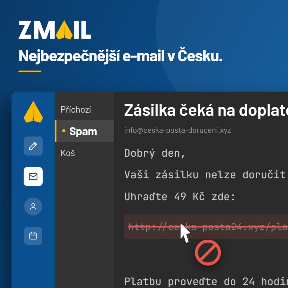 Zpráva označená jako spam ve Zmailu s deaktivovanými odkazy